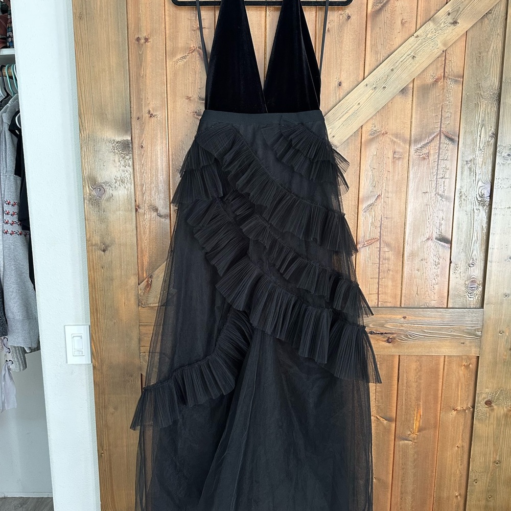 BCBGMaxAzria Black Asymmetrical Ruffled Halter Gown